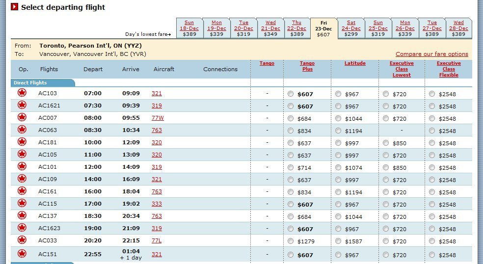 yyz-yvr prices on Dec 16th