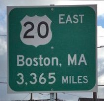 Sign at start of US highway 20 reading "[US 20 shield] East / Boston, MA / 3,365 miles"